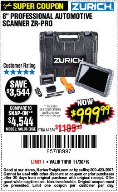 Harbor Freight Coupon ZURICH ZR-PRO PROFESSIONAL AUTO SCANNER Lot No. 64576 Expired: 11/30/19 - $999.99