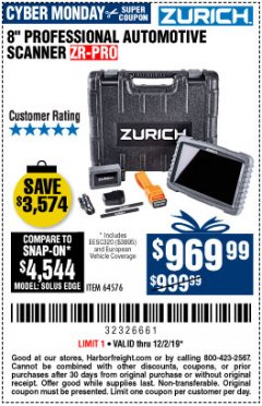Harbor Freight Coupon ZURICH ZR-PRO PROFESSIONAL AUTO SCANNER Lot No. 64576 Expired: 12/1/19 - $969.99
