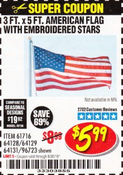 Harbor Freight Coupon 3 FT. X 5 FT. AMERICAN FLAG WITH EMBROIDERED STARS Lot No. 61716/96723/64128/64129/64131 Expired: 6/30/19 - $5.99