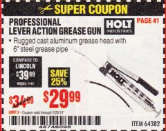 Harbor Freight Coupon PROFESSIONAL LEVER ACTION GREASE GUN Lot No. 64382 Expired: 2/28/19 - $29.99
