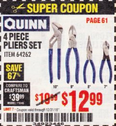 Harbor Freight Coupon QUINN 4 PIECE PLIERS SET Lot No. 64262 Expired: 12/31/18 - $12.99
