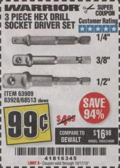 Harbor Freight Coupon 3 PIECE HEX DRILL SOCKET DRIVER SET Lot No. 63909/42191/63928/68513 Expired: 10/17/18 - $0.99