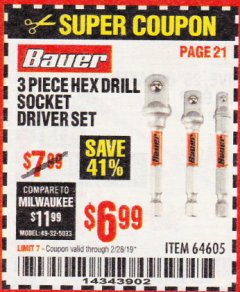 Harbor Freight Coupon 3 PIECE HEX DRILL SOCKET DRIVER SET Lot No. 63909/42191/63928/68513 Expired: 2/28/19 - $6.99