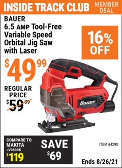 Harbor Freight ITC Coupon BAUER 6.5 AMP HEAVY DUTY TOOL-FREE VARIABLE SPEED ORBITAL JIG SAW Lot No. 64290 Expired: 8/26/21 - $49.99