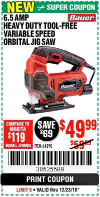 Harbor Freight Coupon BAUER 6.5 AMP HEAVY DUTY TOOL-FREE VARIABLE SPEED ORBITAL JIG SAW Lot No. 64290 Expired: 12/23/18 - $49.99