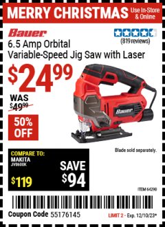 Harbor Freight Coupon BAUER 6.5 AMP HEAVY DUTY TOOL-FREE VARIABLE SPEED ORBITAL JIG SAW Lot No. 64290 Expired: 12/10/23 - $24.99