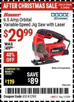 Harbor Freight Coupon BAUER 6.5 AMP HEAVY DUTY TOOL-FREE VARIABLE SPEED ORBITAL JIG SAW Lot No. 64290 Expired: 1/7/24 - $29.99