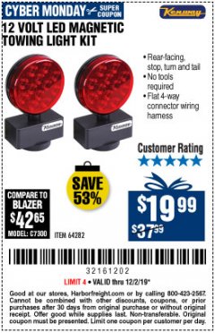 Harbor Freight Coupon 12 VOLT LED MAGNETIC TOWING LIGHT KIT Lot No. 64282 Expired: 12/1/19 - $19.99