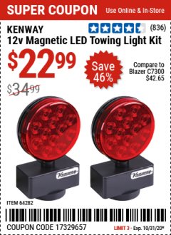 Harbor Freight Coupon 12 VOLT LED MAGNETIC TOWING LIGHT KIT Lot No. 64282 Expired: 10/31/20 - $22.99