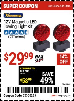 Harbor Freight Coupon 12 VOLT LED MAGNETIC TOWING LIGHT KIT Lot No. 64282 Expired: 9/4/22 - $29.99