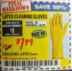 Harbor Freight Coupon LATEX CLEANING GLOVES 2 PAIR Lot No. 64184/64183 Expired: 2/28/19 - $1.49