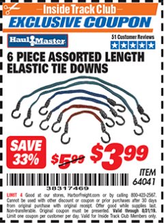 Harbor Freight ITC Coupon 6 PIECE FLAT BUNGEE ELASTIC STRETCH CORDS Lot No. 64041 Expired: 8/31/19 - $3.99