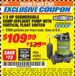 Harbor Freight ITC Coupon 1/3 HP SUBMERSIBLE SUMP-EFFLUENT PUMP WITH VERTICAL FLOAT SWITCH Lot No. 64285/63645 Expired: 1/31/19 - $109.99