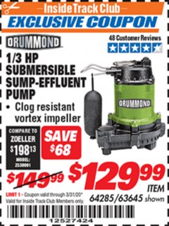 Harbor Freight ITC Coupon 1/3 HP SUBMERSIBLE SUMP-EFFLUENT PUMP WITH VERTICAL FLOAT SWITCH Lot No. 64285/63645 Expired: 3/31/20 - $129.99