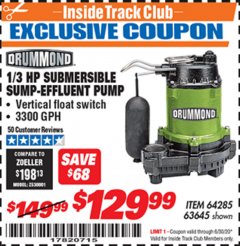 Harbor Freight ITC Coupon 1/3 HP SUBMERSIBLE SUMP-EFFLUENT PUMP WITH VERTICAL FLOAT SWITCH Lot No. 64285/63645 Expired: 6/30/20 - $129.99