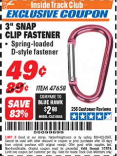 Harbor Freight ITC Coupon 3" SNAP CLIP FASTENER Lot No. 47658 Expired: 1/31/19 - $0.49