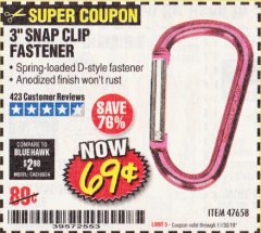 Harbor Freight Coupon 3" SNAP CLIP FASTENER Lot No. 47658 Expired: 11/30/19 - $0.69