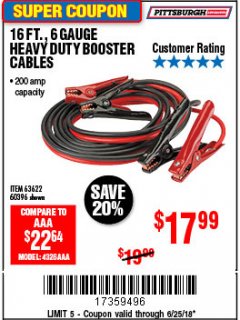 Harbor Freight Coupon 16 FT. 6 GAUGE HEAVY DUTY BOOSTER CABLES Lot No. 60396 Expired: 6/25/18 - $17.99