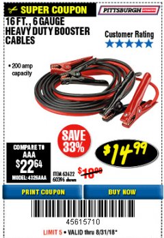 Harbor Freight Coupon 16 FT. 6 GAUGE HEAVY DUTY BOOSTER CABLES Lot No. 60396 Expired: 8/31/18 - $14.99