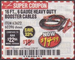 Harbor Freight Coupon 16 FT. 6 GAUGE HEAVY DUTY BOOSTER CABLES Lot No. 60396 Expired: 2/28/19 - $14.99