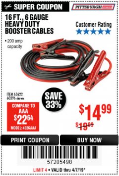 Harbor Freight Coupon 16 FT. 6 GAUGE HEAVY DUTY BOOSTER CABLES Lot No. 60396 Expired: 4/7/19 - $14.99