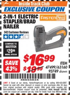 Harbor Freight ITC Coupon 2-IN-1 ELECTRIC STAPLER/BRAD NAILER Lot No. 93749 Expired: 5/31/19 - $16.99