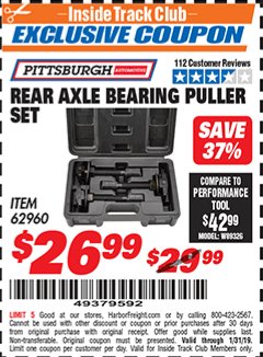 Harbor Freight ITC Coupon REAR AXLE BEARING PULLER SET Lot No. 62960 Expired: 1/31/19 - $26.99