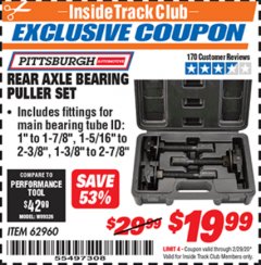 Harbor Freight ITC Coupon REAR AXLE BEARING PULLER SET Lot No. 62960 Expired: 2/29/20 - $19.99