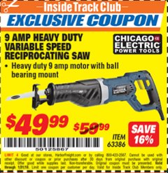 Harbor Freight ITC Coupon 9 AMP HEAVY DUTY VARIABLE SPEED RECIPROCATING SAW Lot No. 63386 Expired: 1/31/19 - $49.99