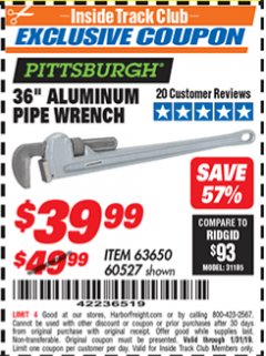Harbor Freight ITC Coupon 36” ALUMINUM PIPE WRENCH Lot No. 63650/ 60527 Expired: 1/31/19 - $39.99
