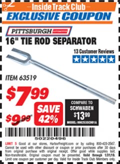 Harbor Freight ITC Coupon 16" TIE ROD SEPARATOR Lot No. 63519 Expired: 1/31/19 - $7.99