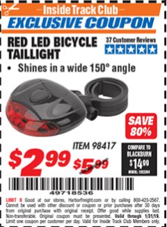 Harbor Freight ITC Coupon RED LED BICYCLE TAIL LIGHT Lot No. 98417 Expired: 1/31/19 - $2.99