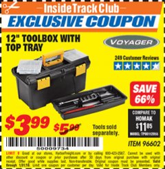 Harbor Freight ITC Coupon 12” TOOLBOX WITH TOP TRAY VOYAGER Lot No. 96602 Expired: 1/31/19 - $3.99