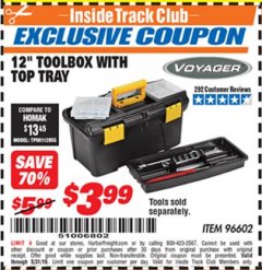 Harbor Freight ITC Coupon 12” TOOLBOX WITH TOP TRAY VOYAGER Lot No. 96602 Expired: 5/31/19 - $3.99