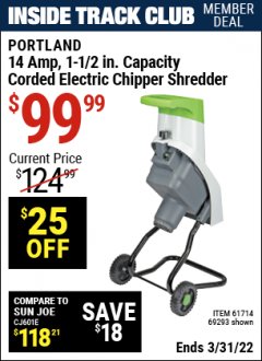 Harbor Freight ITC Coupon 1-1/2" CAPACITY 14 AMP CHIPPER SHREDDER Lot No. 69293/61714 Expired: 3/31/22 - $99.99