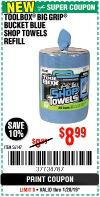 Harbor Freight Coupon TOOLBOX BIG GRIP BUCKET BLUE SHOP TOWELS REFILL Lot No. 56147 Expired: 1/20/19 - $8.99