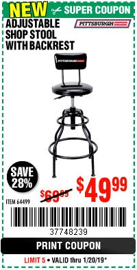 Harbor Freight Coupon ADJUSTABLE SHOP STOOL WITH BACKREST Lot No. 64499 Expired: 1/20/19 - $49.99