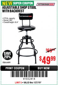 Harbor Freight Coupon ADJUSTABLE SHOP STOOL WITH BACKREST Lot No. 64499 Expired: 1/27/19 - $49.99