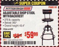 Harbor Freight Coupon ADJUSTABLE SHOP STOOL WITH BACKREST Lot No. 64499 Expired: 2/28/19 - $59.99