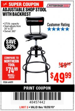 Harbor Freight Coupon ADJUSTABLE SHOP STOOL WITH BACKREST Lot No. 64499 Expired: 10/20/19 - $49.99