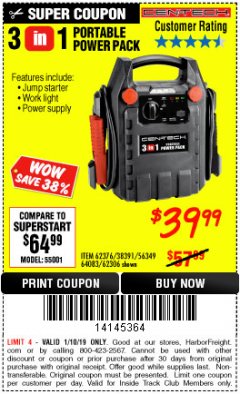 Harbor Freight ITC Coupon 3-IN-1 PORTABLE POWER PACK WITH JUMP STARTER Lot No. 38391/60657/62306/62376/64083 Expired: 1/10/19 - $39.99