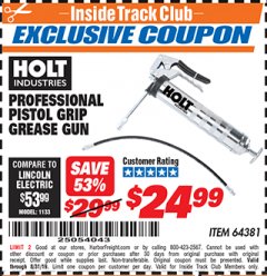 Harbor Freight ITC Coupon HOLT PROFESSIONAL PISTOL GRIP GREASE GUN Lot No. 64381 Expired: 8/31/19 - $24.99