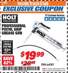 Harbor Freight ITC Coupon PROFESSIONAL PISTOL GRIP GREASE GUN Lot No. 64381 Expired: 1/31/20 - $19.99