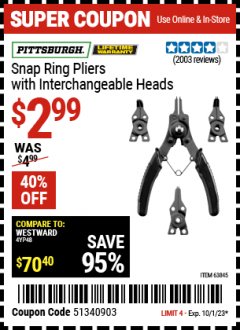 Harbor Freight Coupon PITTSBURGH SNAP RING PLIERS WITH INTERCHANGEABLE HEADS Lot No. 63845 Expired: 10/1/23 - $2.99