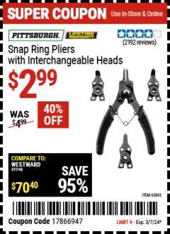 Harbor Freight Coupon PITTSBURGH SNAP RING PLIERS WITH INTERCHANGEABLE HEADS Lot No. 63845 Valid Thru: 3/7/24 - $2.99