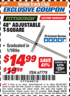 Harbor Freight ITC Coupon 48" ADJUSTABLE T-SQUARE Lot No. 67778 Expired: 2/28/19 - $14.99