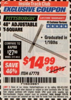 Harbor Freight ITC Coupon 48" ADJUSTABLE T-SQUARE Lot No. 67778 Expired: 7/31/19 - $14.99
