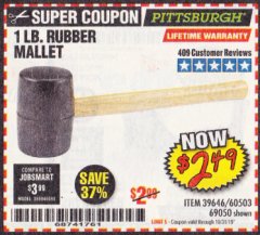 Harbor Freight Coupon 1 LB. RUBBER MALLET Lot No. 60503/69050 Expired: 10/31/19 - $2.49