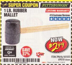 Harbor Freight Coupon 1 LB. RUBBER MALLET Lot No. 60503/69050 Expired: 11/30/19 - $2.49