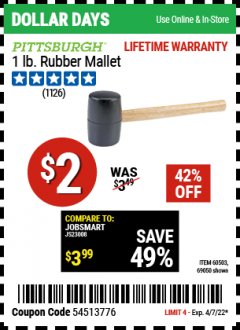 Harbor Freight Coupon 1 LB. RUBBER MALLET Lot No. 60503/69050 Expired: 4/7/22 - $0.02